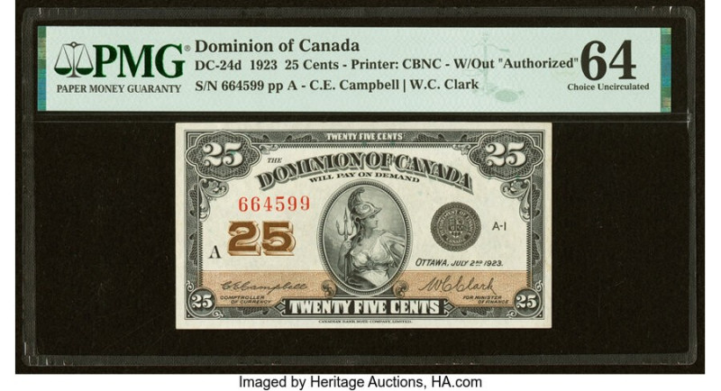 Canada Dominion of Canada 25 Cents 2.7.1923 DC-24d PMG Choice Uncirculated 64. 
...