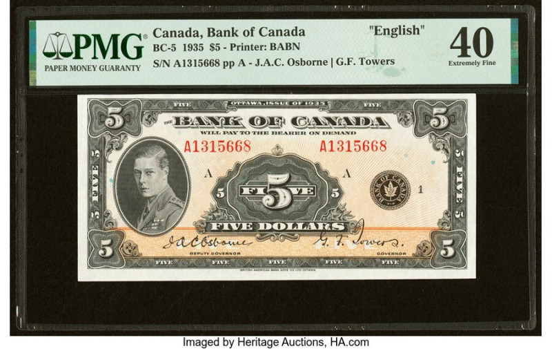 Canada Bank of Canada $5 1935 BC-5 English PMG Extremely Fine 40. 

HID098012420...