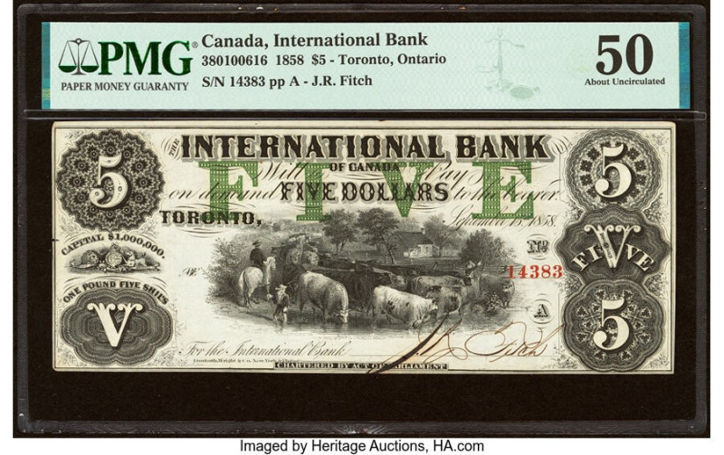 Canada Toronto, CW- International Bank of Canada $5 15.9.1858 Ch.# 380-10-06-16 ...