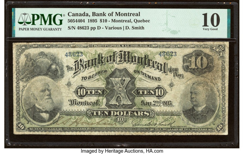 Canada Montreal, PQ- Bank of Montreal $10 2.1.1895 Ch.# 505-44-04 PMG Very Good ...