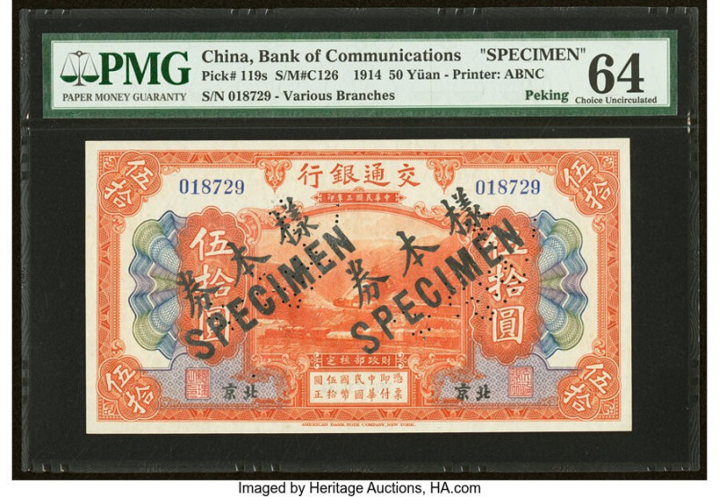 China Bank of Communications, Peking 50 Yuan 1914 Pick 119s S/M#C126 Specimen PM...