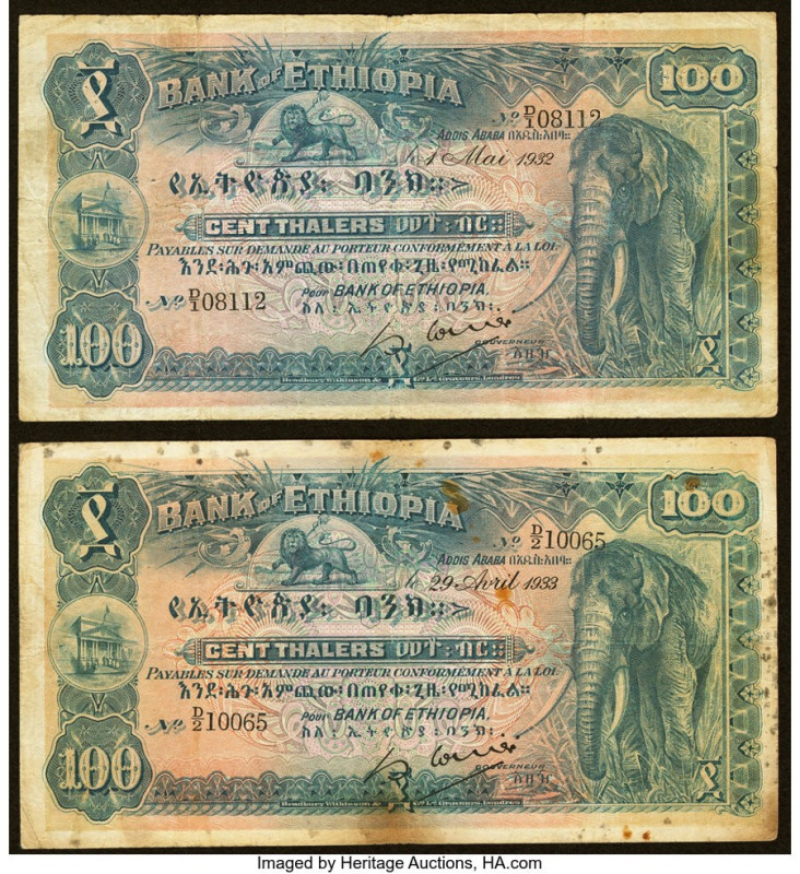 Ethiopia Bank of Ethiopia 100 Thalers 1.5.1932; 29.4.1933 Pick 10 Two Examples F...