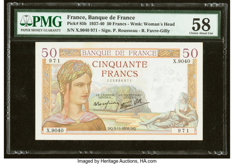 France Banque de France 50 Francs 3.11.1938 Pick 85b PMG Choice About Unc 58. 

...