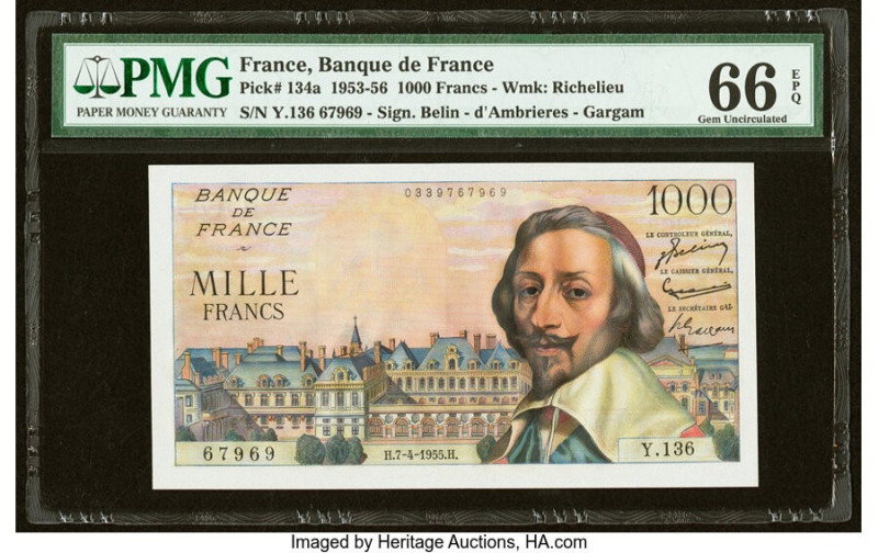 France Banque de France 1000 Francs 7.4.1955 Pick 134a PMG Gem Uncirculated 66 E...