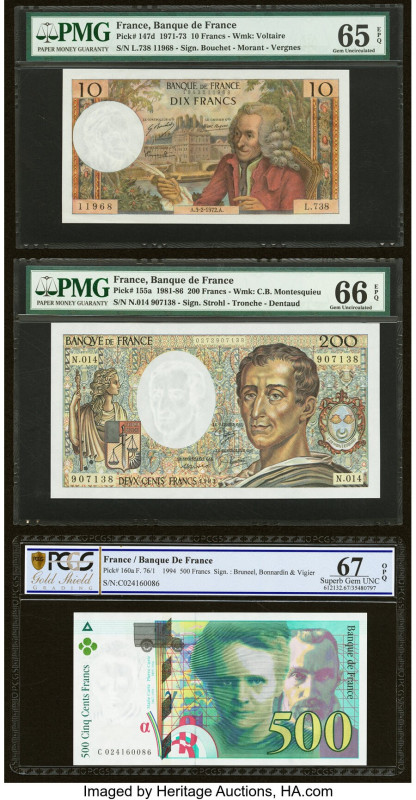 France Banque de France 10; 200; 500 Francs 3.2.1972; 1983; 1994 Pick 147d; 155a...