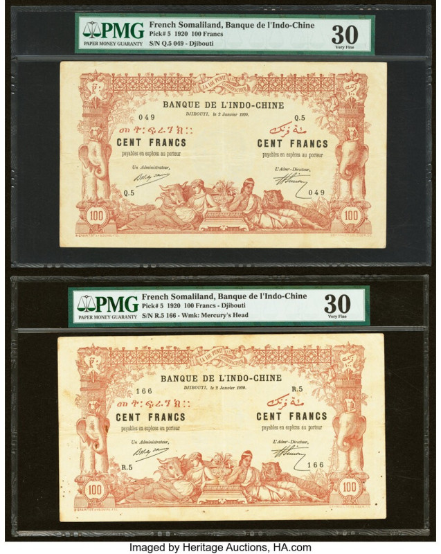French Somaliland Banque de l'Indochine, Djibouti 100 Francs 2.1.1920 Pick 5 Two...