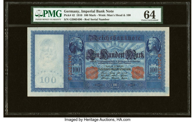 Germany Imperial Bank Notes 100 Mark 21.4.1910 Pick 42 PMG Choice Uncirculated 6...