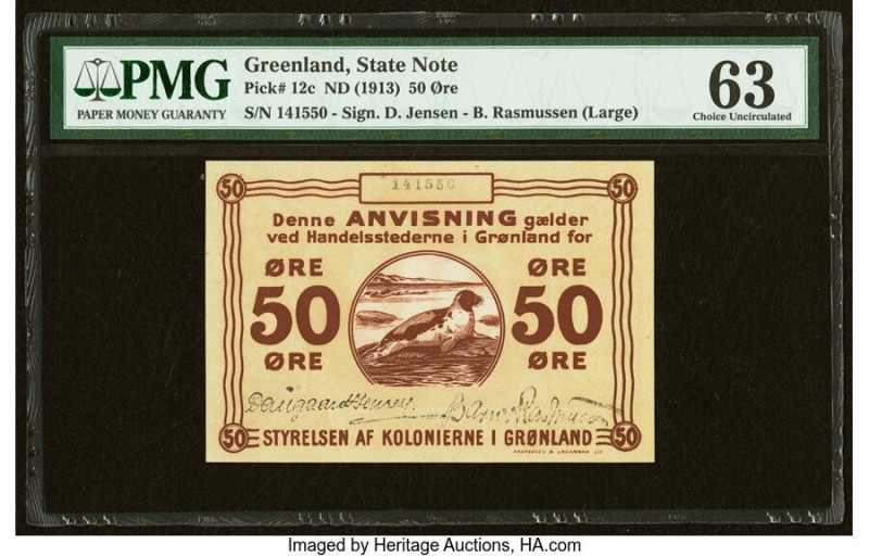 Greenland State Note 50 Ore ND (1913) Pick 12c PMG Choice Uncirculated 63. 

HID...
