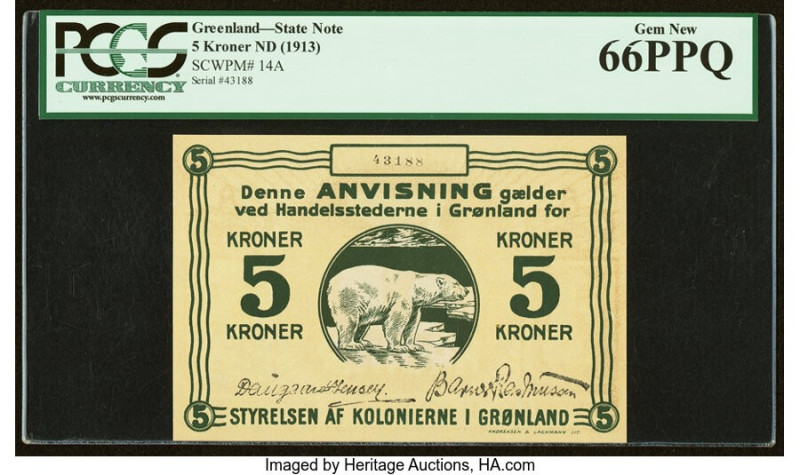 Greenland State Note 5 Kroner ND (1913) Pick 14A PCGS Gem New 66PPQ. 

HID098012...