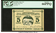 Greenland State Note 5 Kroner ND (1913) Pick 14A PCGS Gem New 66PPQ. 

HID09801242017

© 2022 Heritage Auctions | All Rights Reserved