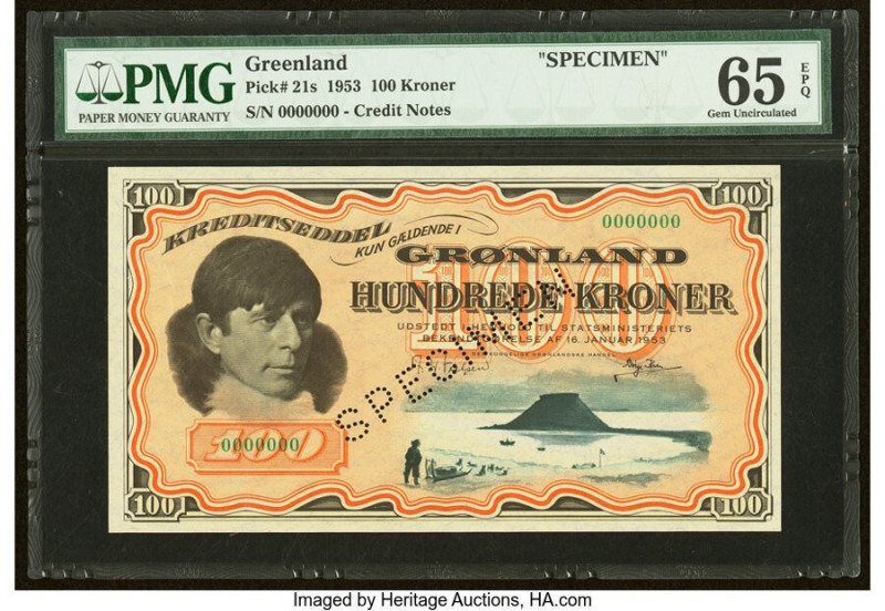 Greenland Credit Note 100 Kroner 16.1.1953 Pick 21s Specimen PMG Gem Uncirculate...
