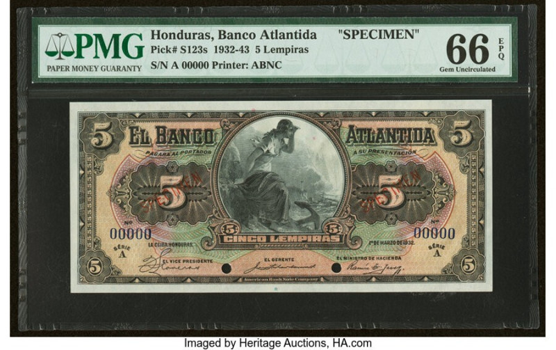Honduras Banco Atlantida 5 Lempiras 1.3.1932 Pick S123s Specimen PMG Gem Uncircu...
