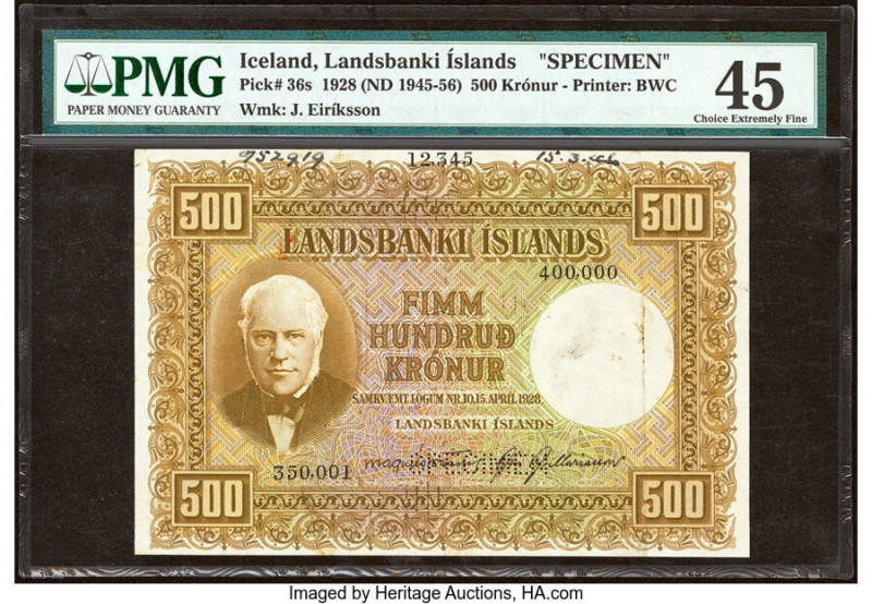 Iceland Landsbanki Islands 500 Kronur 1928 (ND 1945-56) Pick 36s Specimen PMG Ch...