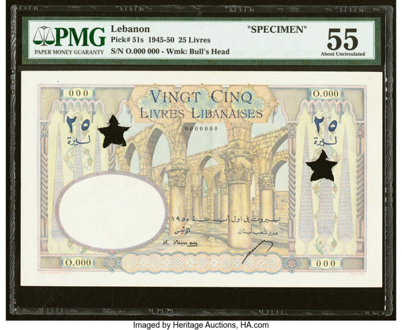 Lebanon Banque de Syrie et du Liban 25 Livres 1950 Pick 51s Specimen PMG About U...