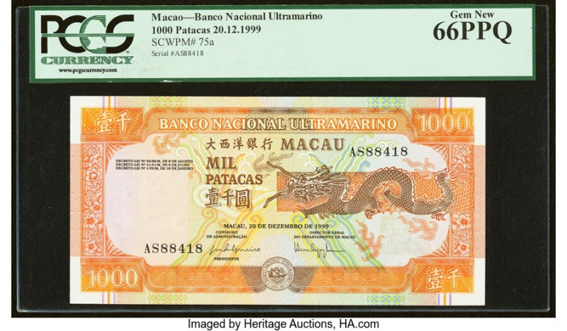 Macau Banco Nacional Ultramarino 1000 Patacas 20.12.1999 Pick 75a KNB62 PCGS Gem...