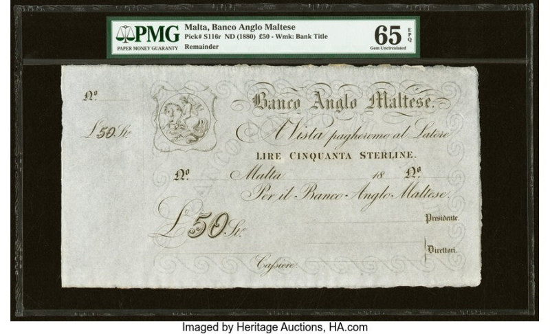 Malta Banco Anglo Maltese 50 Pounds ND (18xx) Pick S116r Remainder PMG Gem Uncir...