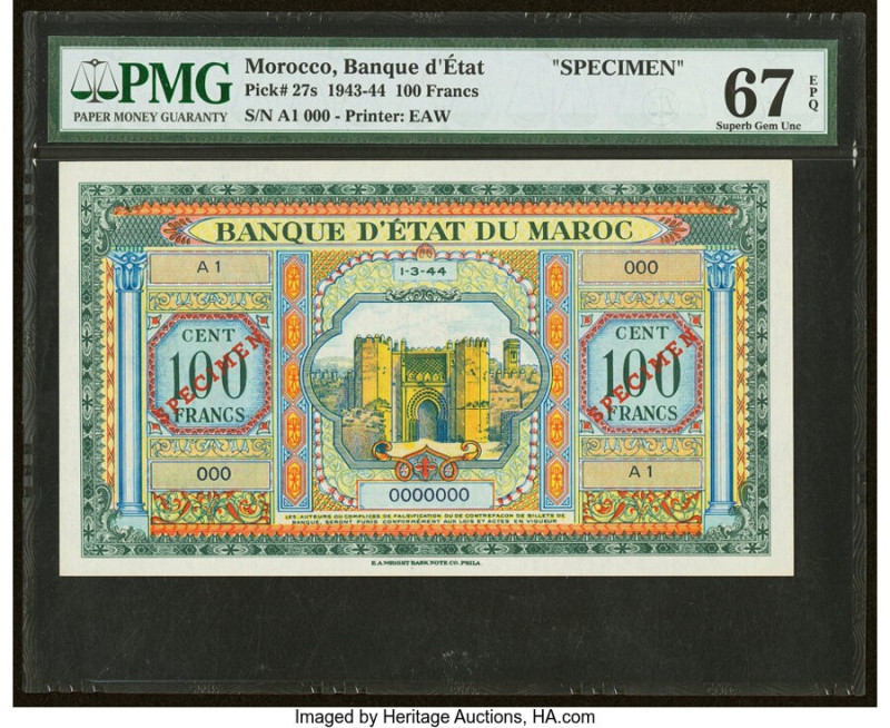 Morocco Banque d'Etat du Maroc 100 Francs 1.3.1944 Pick 27s Specimen PMG Superb ...