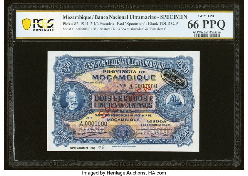 Mozambique Banco Nacional Ultramarino 2 1/2 Escudos 1.9.1941 Pick 82s Specimen P...