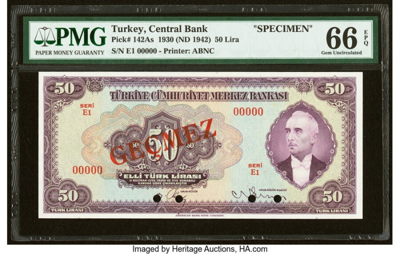 Turkey Central Bank 50 Lira 1930 (ND 1942) Pick 142As Specimen PMG Gem Uncircula...