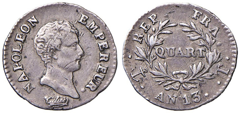 FRANCIA Napoleone I (1804-1814) Quarto di franco A. 13 T - Gad. 346; KM 654.10 A...