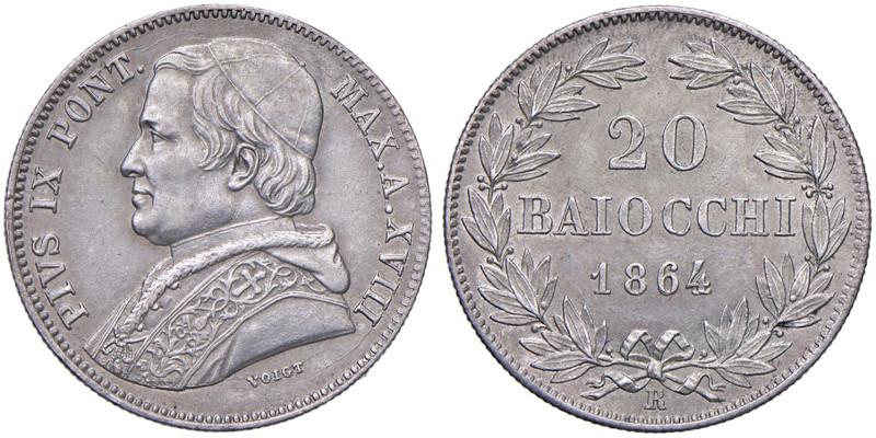 Pio IX (1846-1878) 20 Baiocchi 1864 An. XVIII - Munt. 17m (g 5,74) AG
qSPL