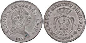 Carlo Emanuele III (1755-1773) 7,6 Soldi 1755 - Nomisma 199 (g 4,53) MI NC Minimi depisito al D/
qFDC