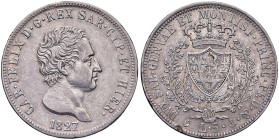 Carlo Felice (1821-1831) 5 Lire 1827 G - Nomisma 566 (g 24,92) AGLievi mancanze al R/
M.di BB