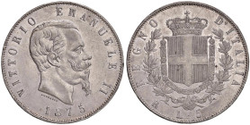 Vittorio Emanuele II (1861-1878) 5 Lire 1875 R - Nomisma 899 AG Rara Segno di zecca piccolo. Segnetti nei campi su fondi lucenti
SPL-FDC