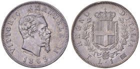 Vittorio Emanuele II (1861-1878) Lira 1863 T stemma - Nomisma 914 AG R Graffi al D/
SPL