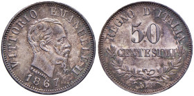 Vittorio Emanuele II (1861-1878) 50 Centesimi 1867 N - Nomisma 930 (g 2,59)
qFDC