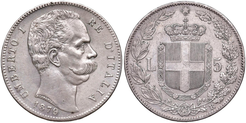 Umberto I (1878-1900) 5 Lire 1879 contorno FEKT - Nomisma 993 - (g 20,89) AG Seg...