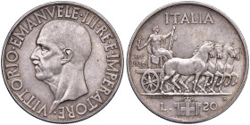 Vittorio Emanuele III (1900-1946) 20 Lire "Impero" 1936- Nomisma 1094 (g 19,95) AG R Bordo del 1° tipo - Segnetti al D/
SPL