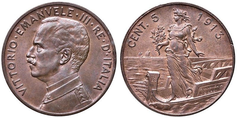 Vittorio Emanuele III(1900-1948) 5 Centesimi "Italia su Prora" 1913 - Nomisma 13...