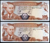SH 1356 (1977). Afganistán. Banco de Afganistán. 500 afghanis. (Pick 52a). Presidente Muhammad Daud / Pueblo tribal fortificado. 2 billetes. S/C-.