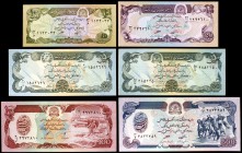 SH 1357 (1978) a SH 1370 (1991). Afganistán. Banco de Afganistán. 10, 20, 50 (dos), 100 y 500 afghanis. (Pick 54, 55a, 56a, 57a, 58c y 59). 6 billetes...