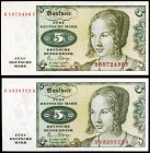 1980. Alemania Occidental. Banco Federal. 5 deutsche mark. (Pick 30b). 2 de enero. 2 billetes. S/C.