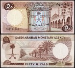 AH 1379 (1968). Arabia Saudí. Agencia Monetaria. 50 riyals. (Pick 14b). Patio de la Mezquita. Raro. S/C-.