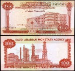 AH 1379 (1966). Arabia Saudí. Agencia Monetaria. 100 riyals. (Pick 15b). Sede del Gobierno / Torres de extracción. Raro. MBC+.