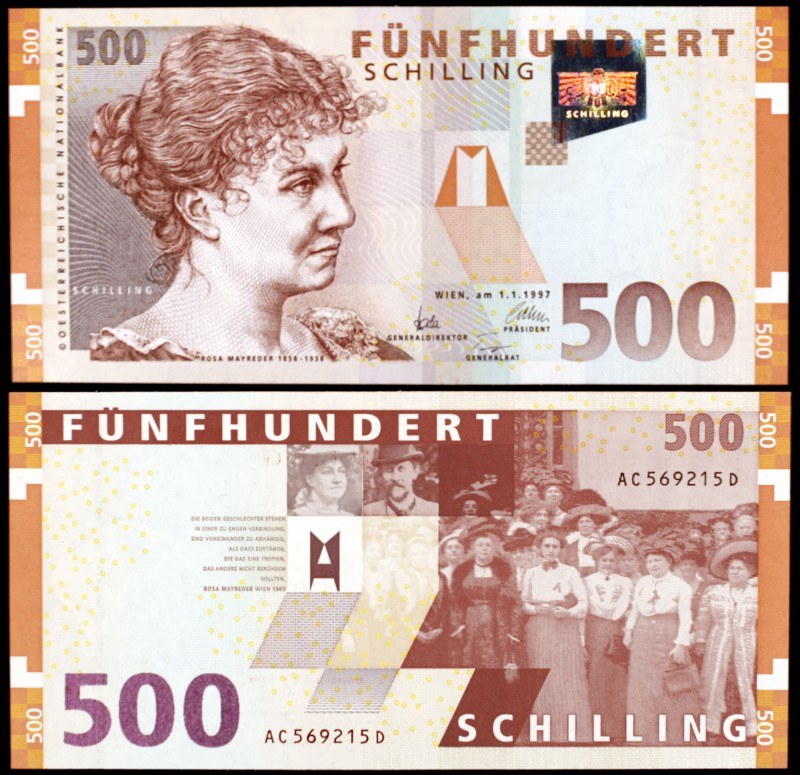 1997. Austria. Banco Nacional. 500 chelines. (Pick 154). 1 de enero, Rosa Mayred...