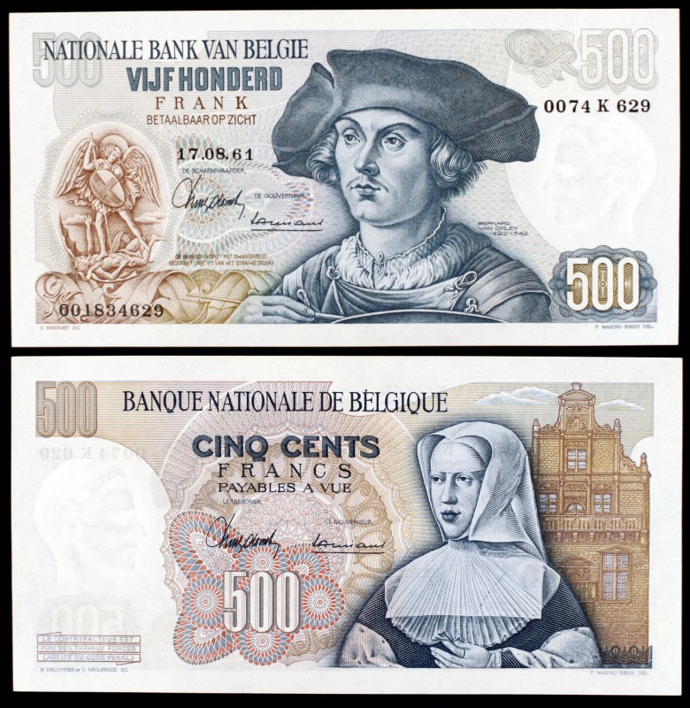 (19)61. Bélgica. Banco Nacional. 500 francos. (Pick 135a). 17 de agosto, Bernard...