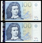1999. Estonia. Banco de Estonia. 100 coronas. (Pick 82a). Lydia Koidula. 2 billetes, series BX y CM. S/C.