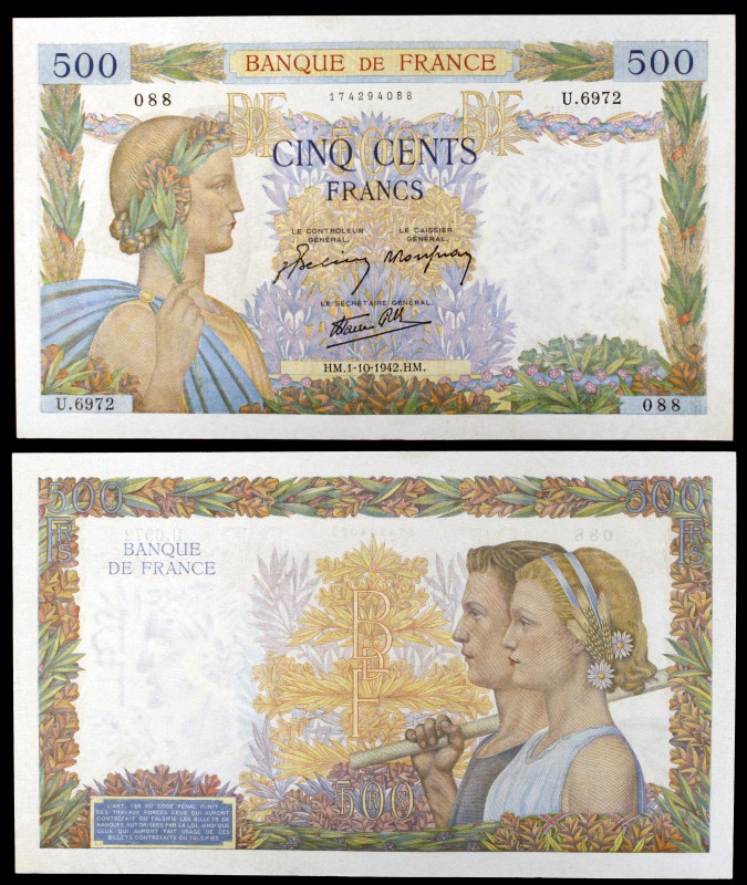 1942. Francia. Banco de Francia. 500 francos. (Pick 95b). 1 de octubre. Raro así...