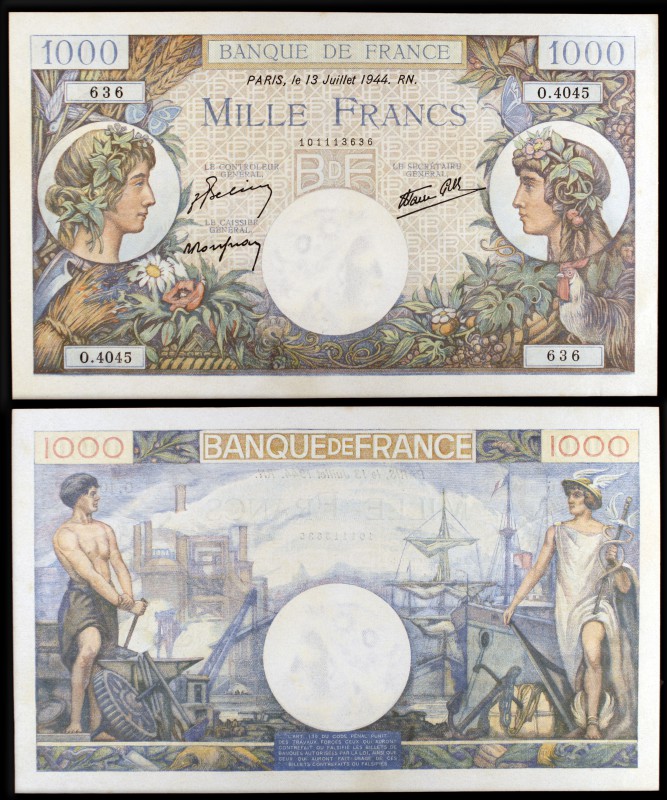 1944. Francia. Banco de Francia. 1000 francos. (Pick 96c). 13 de julio. Raro así...