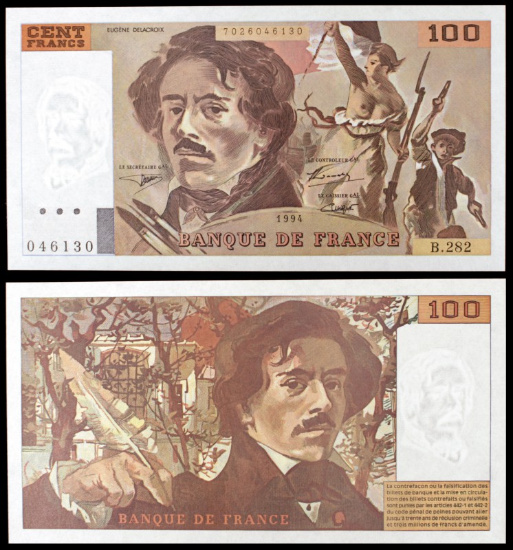 1994. Francia. Banco de Francia. 100 francos. (Pick 154h). Eugène Delacroix. S/C...