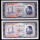 SH 1333 (1954). Irán. Banco Melli Irán. 10 rials. (Pick 64). Ruinas de Persépolis - Shah Pahlavi. 2 billetes. S/C-.