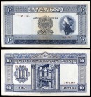 1949. Jordania. Junta Monetaria. 10 dinars. (Pick 4a). Rey Abdullah / Al-Khazneh (Petra). Leve doblez pero muy buen ejemplar. Muy raro. MBC.