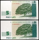 2001. Letonia. Banco de Letonia. 5 lati. (Pick 49b). 2 billetes. EBC+/S/C.