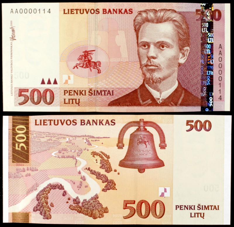 2000. Lituania. Banco de Lituania. 500 litu. (Pick 64). Vincas Kudirka. Raro. S/...