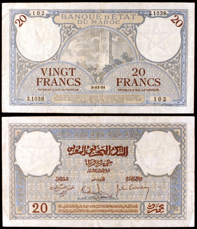 1931. Marruecos. Banco Estatal. 20 francos. (Pick 18a). 2 de diciembre. Raro. MB...