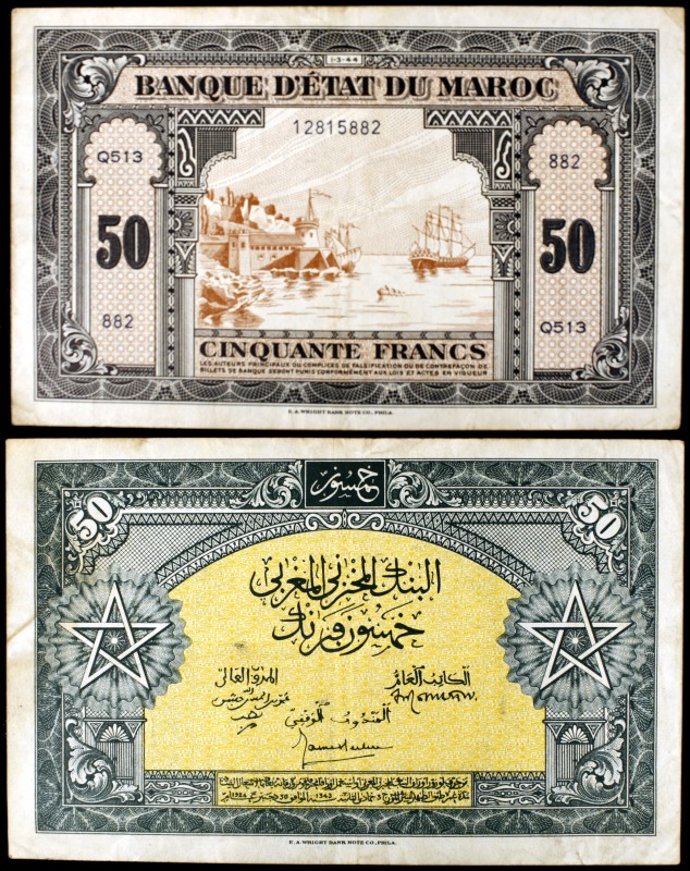 1944. Marruecos. Banco Estatal. 50 francos. (Pick 26a). 1 de marzo. Raro. MBC-.